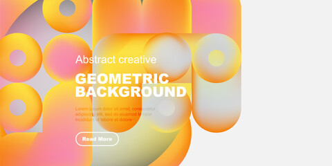 Fototapete - Abstract geometric shapes overlap, creating vibrant orange, pink hues. Text promotes design, invites further exploration.