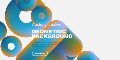 Poster - Abstract geometric shapes, vibrant colors, modern design. Text overlay presents information, button invites interaction. Clean aesthetic.