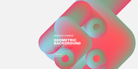Poster - Abstract geometric composition. Vibrant colors blend, creating dynamic shapes. Modern design with text overlay, button included.