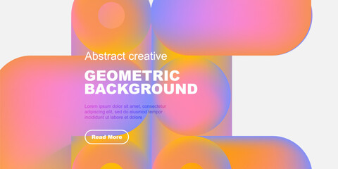 Poster - Vibrant abstract shapes overlap, creating dynamic colorful background. Text promotes content with button. Modern design.
