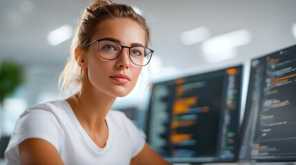 Code Whisper: A focused female coder in glasses, with an updo hairstyle, diligently working on a computer with detailed code displayed on the monitors.