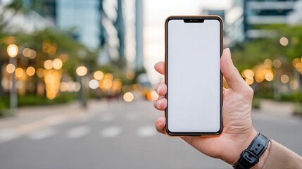 Poster - Urban Digital Canvas: A person's hand holds up a modern smartphone against the backdrop of a blurred city scene, presenting a blank canvas for digital interaction.