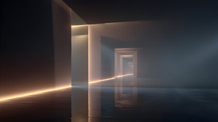 Aufkleber - Abstract Interior Architecture Reflective Surface with Golden Illumination and Hallway Depth creating a Futuristic Dreamlike Setting for Contemplative Design and Modern Space