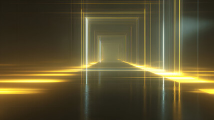 Poster - Abstract glowing corridor of light with reflective floor creates a sense of depth and endless perspective ideal for conceptual backgrounds showcasing futuristic technology or