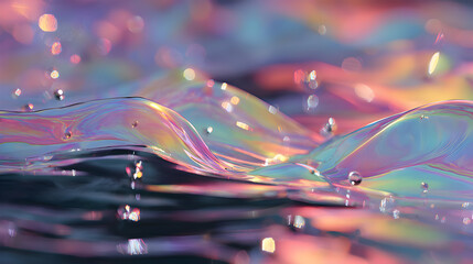 Poster - Captivating holographic water surface with iridescent reflections and ethereal bokeh lights for stunning abstract backgrounds and creative graphic design projects showcasing