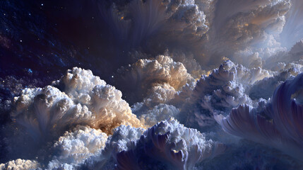 Poster - Celestial fractal cloudscape image showcasing abstract textured formations reminiscent of cosmic entities with soft light and space elements for otherworldly fantasy themes and