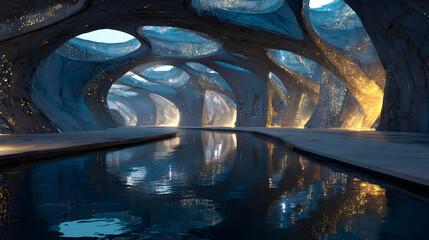Poster - Surreal underground cavern with flowing water reflects golden light architecture showcasing a unique geometric design and organic shapes in a futuristic setting of serene