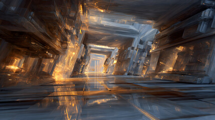 Poster - Abstract futuristic architecture with geometric shapes and golden lights providing a sense of depth and an open perspective for a concept of future urban environments design or