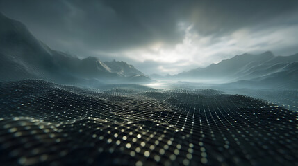 Poster - Futuristic terrain landscape with connected dots network resembling mountains and cloudy sky creating a modern and tech-inspired environment suitable for digital backgrounds or