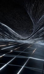 Poster - Abstract digital landscape with flowing lines and reflective tiles creating a modern futuristic background for technological innovations and dynamic digital art exploring