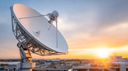 Poster - Satellite Dish at Sunset: A giant satellite dish against the backdrop of a breathtaking sunset, symbol of advanced technology, communication and data transmission. 