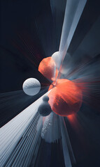 Poster - Abstract orange spheres geometric shapes in motion for wallpaper or background digital composition with white lines dynamic effect cosmic energy blast modern art design