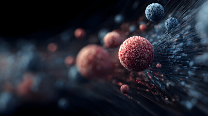 Poster - Abstract cosmic particle spheres red and blue flowing through dark space a visually stunning science illustration for scientific research or futuristic technology projects