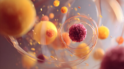 Poster - Delicate spheres in vibrant hues suspended in a transparent space with circular accents evoking a sense of wonder and sophistication perfect for scientific visualizations or