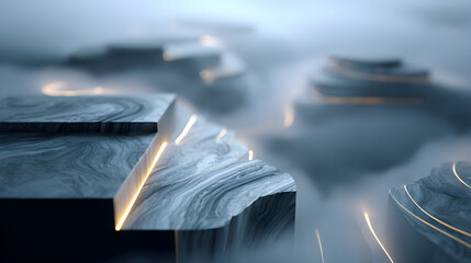 Poster - Abstract landscape of floating marble platforms with subtle golden light accents a serene and dreamy composition evokes a sense of ethereal beauty and tranquility perfect for