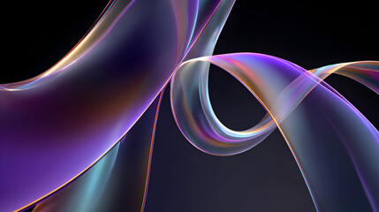 Poster - Abstract flowing curves gradient illuminated ribbons on a dark background create a dynamic visual art for science themed graphic with iridescent flowing organic shapes with an
