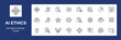 © jobaersadik - AI ethics icon set. Containing data privacy, guidelines, artificial intelligence, ethical dilemma, bias detection, fairness, explainable AI, transparency and more. Editable stroke. Vector illustration