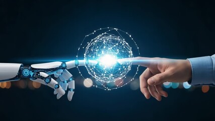Poster - A robotic hand and a human finger touch a glowing digital network globe, symbolizing artificial intelligence and global connection