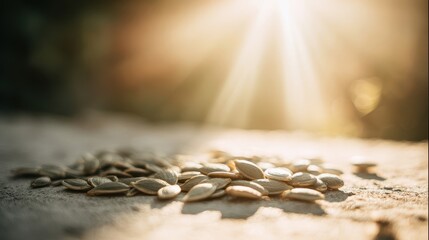 Poster - A pile of pumpkin seeds on a textured surface in the sunlight.