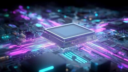 Poster - Electronic circuit board with processor and glowing connections abstract image
