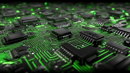 Poster - Glowing green motherboard circuit board animation with technology elements