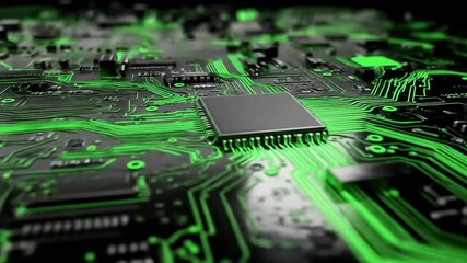 Poster - Green circuit board with integrated chip and electronic components