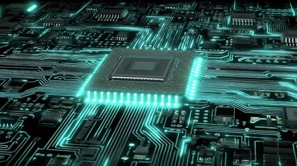 Poster - Advanced technology motherboard with glowing blue lights and circuit paths