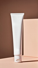 Poster - Minimalist presentation of a blank white tube against geometric shapes and warm neutral tones