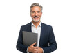 © stock.metket.com - Smiling middleaged businessman with gray hair and beard in a suit holding a laptop isolated on a transparent background