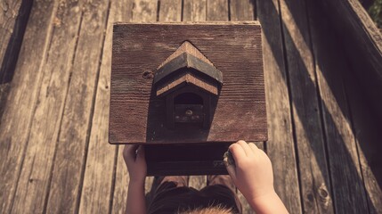 Poster - Wooden birdhouse on a rustic wooden deck.