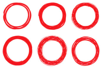 Poster - Six red handdrawn circles with varying thickness and completeness isolated on a transparent background