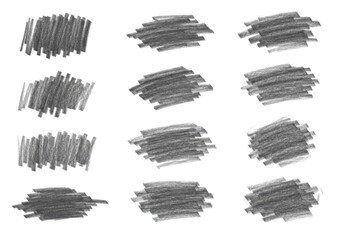 Poster - Twelve diverse pencil scribble marks and shading textures on a clean transparent background for artistic use
