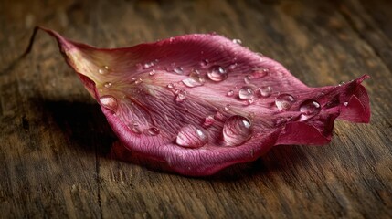 Poster - Delicate rose petal with water droplets on rustic wood.