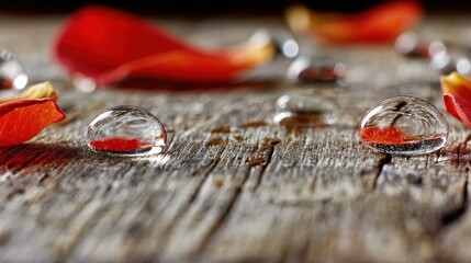 Poster - Water droplets on weathered wood with rose petals.