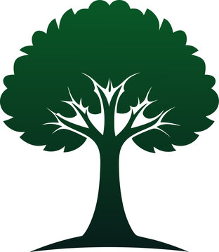 Monochrome tree with thick trunk and bushy crown simple vector illustration