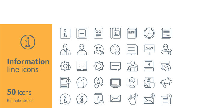Information line icons set with fifty editable stroke graphics line art graphic design