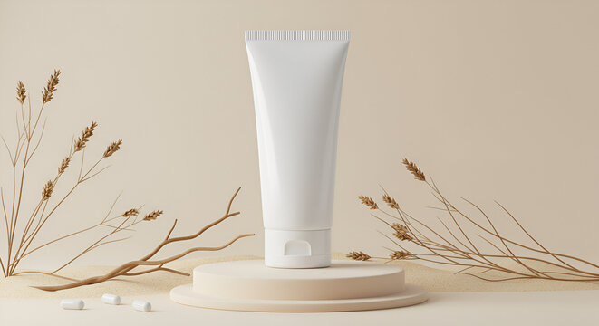 Cream tube on beige pedestal, natural setting