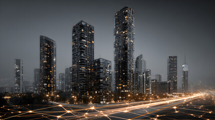 Poster - Modern city skyscrapers with glowing network connections and digital technology.