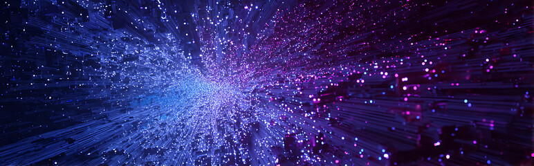 Wall Mural - Vibrant blue-purple gradient particle flows forming an endless tunnel with glowing circuit patterns, futuristic digital abstract background for technology and sci-fi concepts.