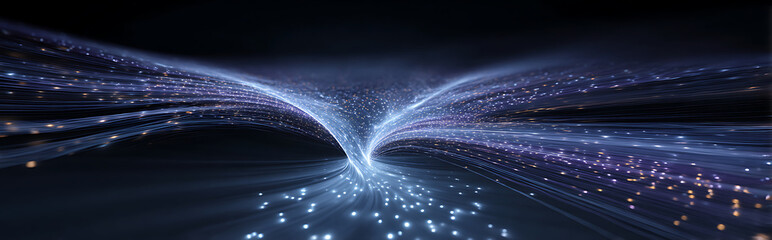Wall Mural - Vibrant blue-purple gradient particle flows forming an endless tunnel with glowing circuit patterns, futuristic digital abstract background for technology and sci-fi concepts.