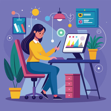 Woman designing graphics on computer with pen tablet and plants vector