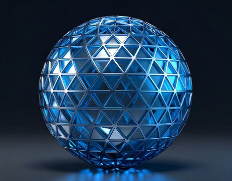 3D rendered sphere, metallic blue, triangular lattice