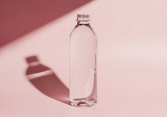 Poster - Minimalist clear water bottle casting a shadow on soft pink background studio shot