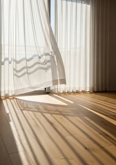 Poster - Sunlit tranquility: Delicate curtains dancing in the gentle breeze in minimalist room