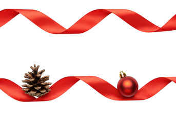 Poster - A festive red ribbon with a pinecone and a shiny ornament, isolated on a transparent background