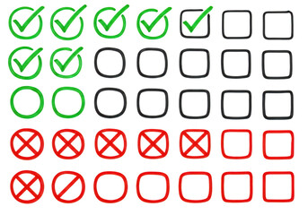 Poster - A collection of green checkmarks and red crosses next to empty circles and squares isolated on transparent background