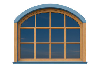 Poster - An arched wooden window with blue trim and multiple glass panes is isolated on a transparent background