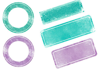 Poster - A set of distressed grunge circular and rectangular stamps in teal and purple isolated on transparent background