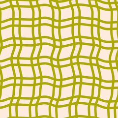 Aufkleber - Seamless pattern of  curved checkered lines on a beige background. Twisted checkered wavy texture. Green and beige colors. Vector illustration	
