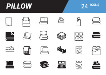 Poster - Collection of pillow icons : A curated collection of icons representing various types and arrangements of pillows, perfect for illustrating concepts related to home decor, comfort, and sleep.